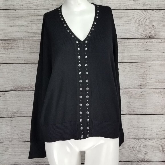 NEW Rebecca Minkoff S Francesca Studded Pullover V-neck Sweater Black - Picture 1 of 13